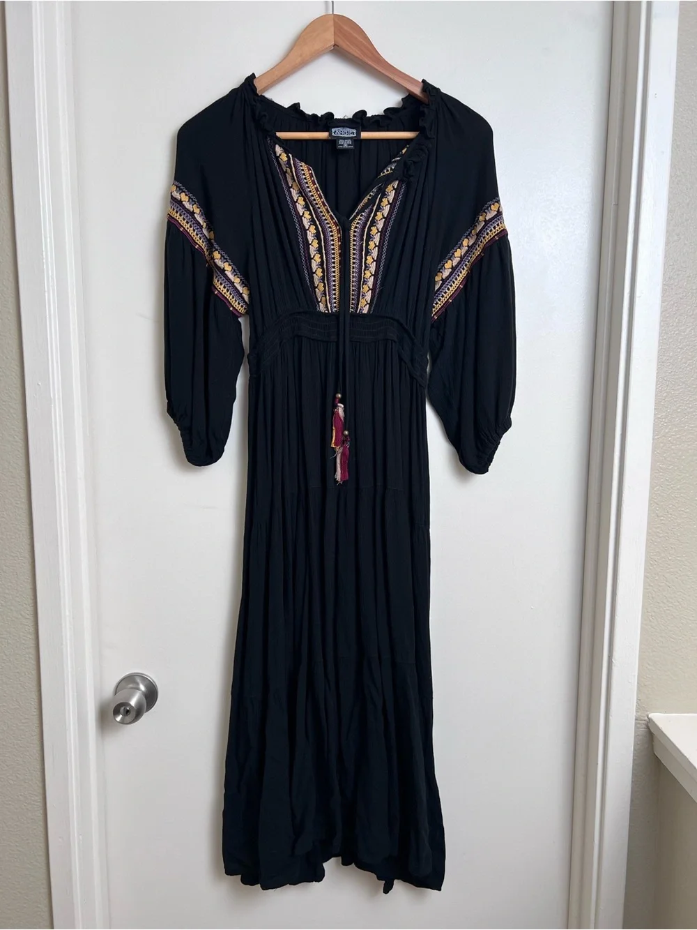 Angie Black Embroidered Boho Peasant Maxi Dress Tassel Tie Rayon Medium - Picture 1 of 8